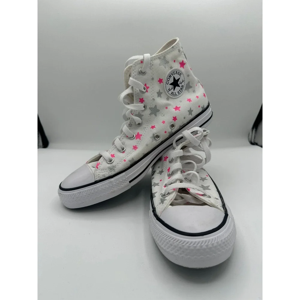 Converse Chuck Taylor All Star High Top Pink Silver Stars White A05393F Kids 5.5